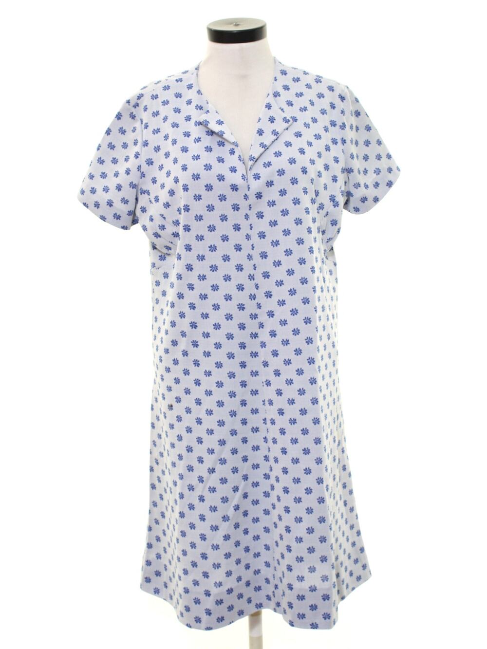 Vintage 70s Blue Floral Polyester Knit Shift Dress Womens Large